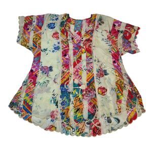 Johnny Was Virgil Tassel Tie Eyelet Crochet Boho Blouse Size Small Embroidered